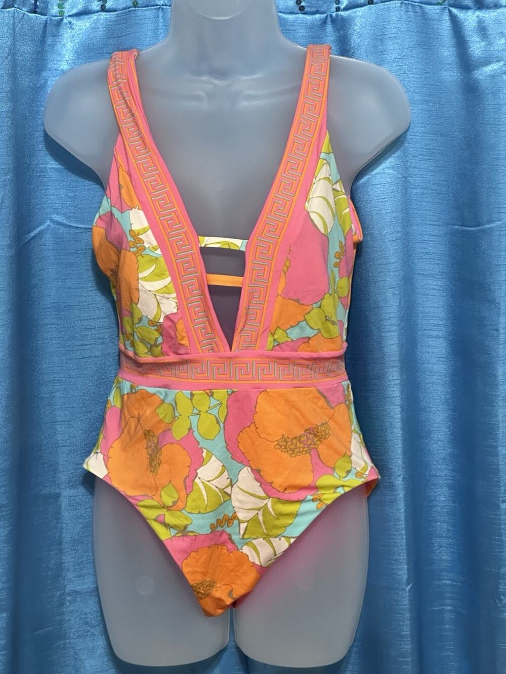 Trina Turk Size 8 Playa De Flor Plunge One Piece Swimsuit Pink Green Orange Blue